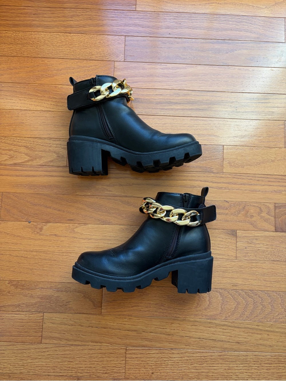 Black Platform Ankle Chelsea Boots with Gold Chain Accent - Picture 2 of 5